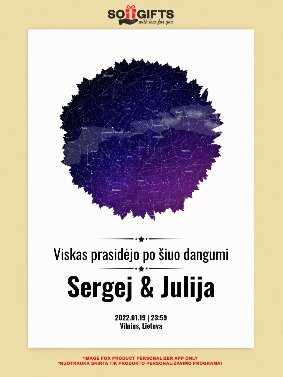 Personalizuotas žvaigždžių žemėlapis su skirtingomis formomis ir dangaus fonu  Customizer -  dovanokis.lt