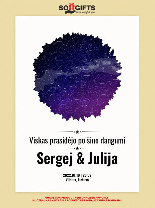 Personalizuotas žvaigždžių žemėlapis su skirtingomis formomis ir dangaus fonu  Customizer -  dovanokis.lt