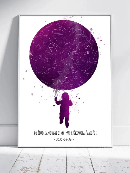 Personalizuotas vaikiškas žvaigždžių žemėlapis, plakatas su rėmeliu  Poster -  dovanokis.lt