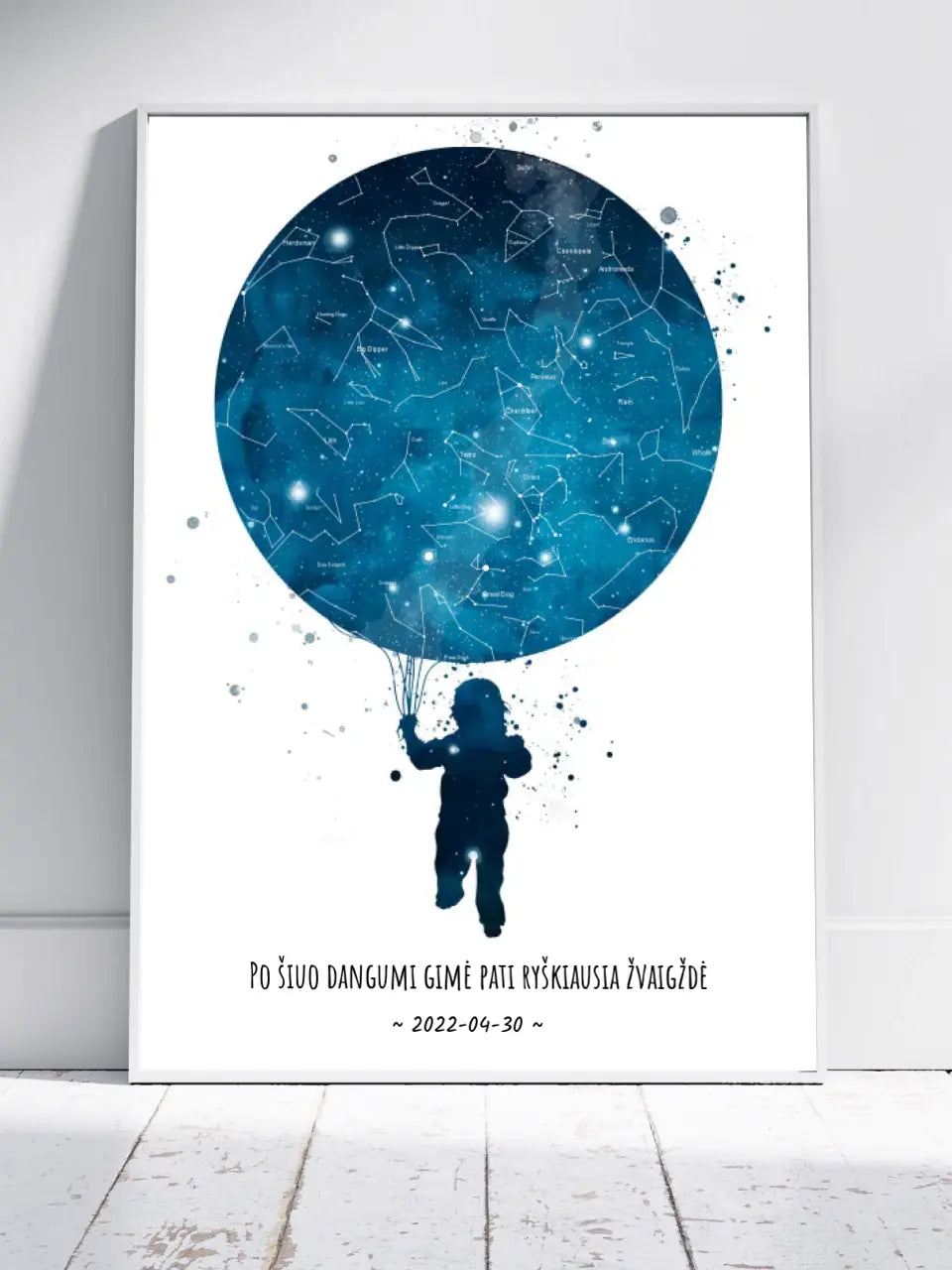 Personalizuotas vaikiškas žvaigždžių žemėlapis berniukui, plakatas su rėmeliu