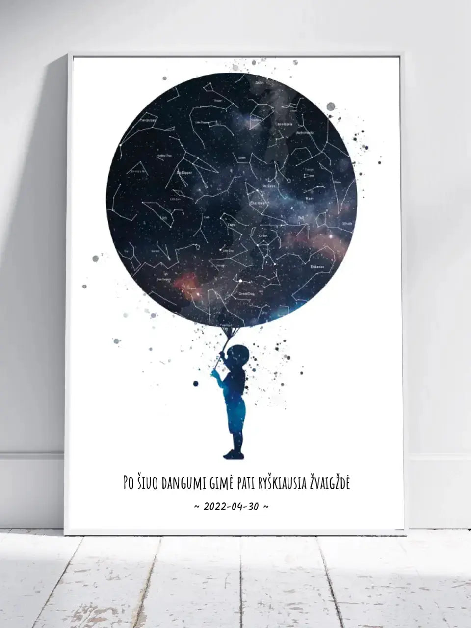 Personalizuotas vaikiškas žvaigždžių žemėlapis berniukui, plakatas su rėmeliu  Poster -  dovanokis.lt