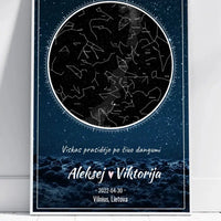 Personalizuotas žvaigždžių žemėlapis su mėlynu fonu, plakatas su rėmeliu  Poster -  dovanokis.lt