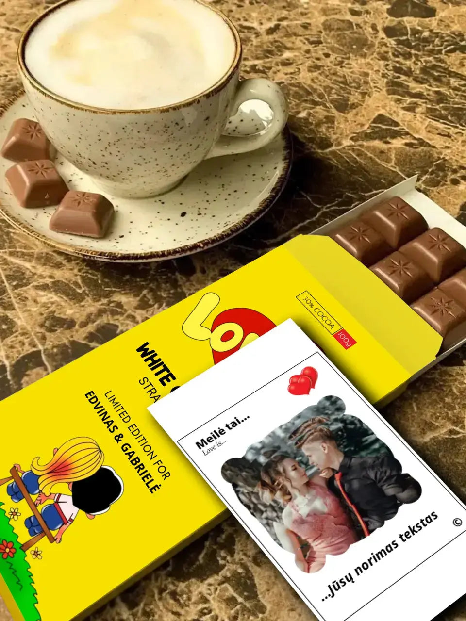 Personalizuotas "Love is Yellow" šokoladas su jūsų nuotrauka  Šokoladas -  dovanokis.lt
