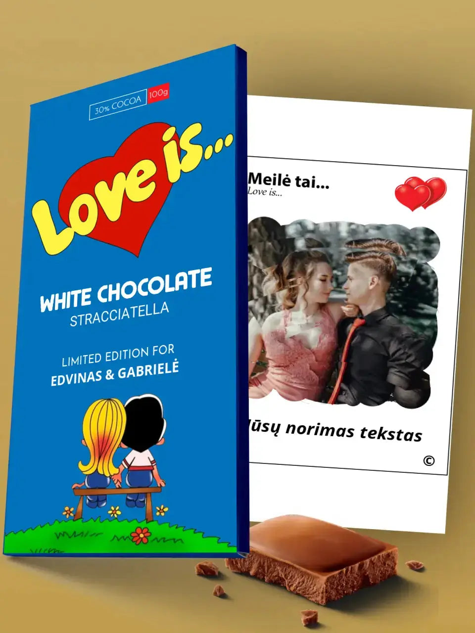 Personalizuotas "Love is Blue" šokoladas su jūsų nuotrauka  Šokoladas -  dovanokis.lt