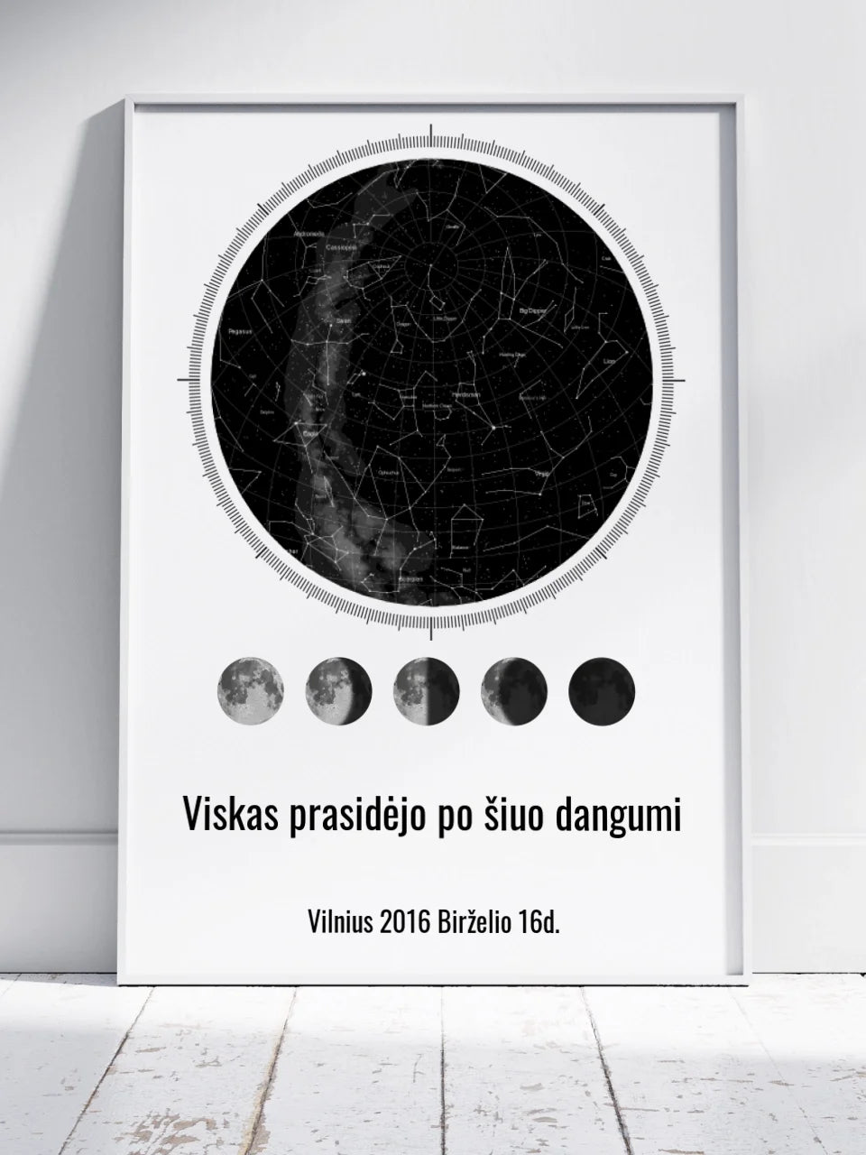 Personalizuotas žvaigždžių žemėlapis, plakatas su rėmeliu, su mėnulio fazėmis ir kompasu