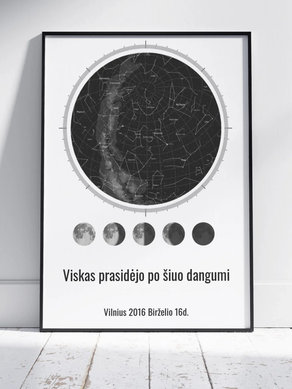 Personalizuotas žvaigždžių žemėlapis, plakatas su rėmeliu, su mėnulio fazėmis ir kompasu