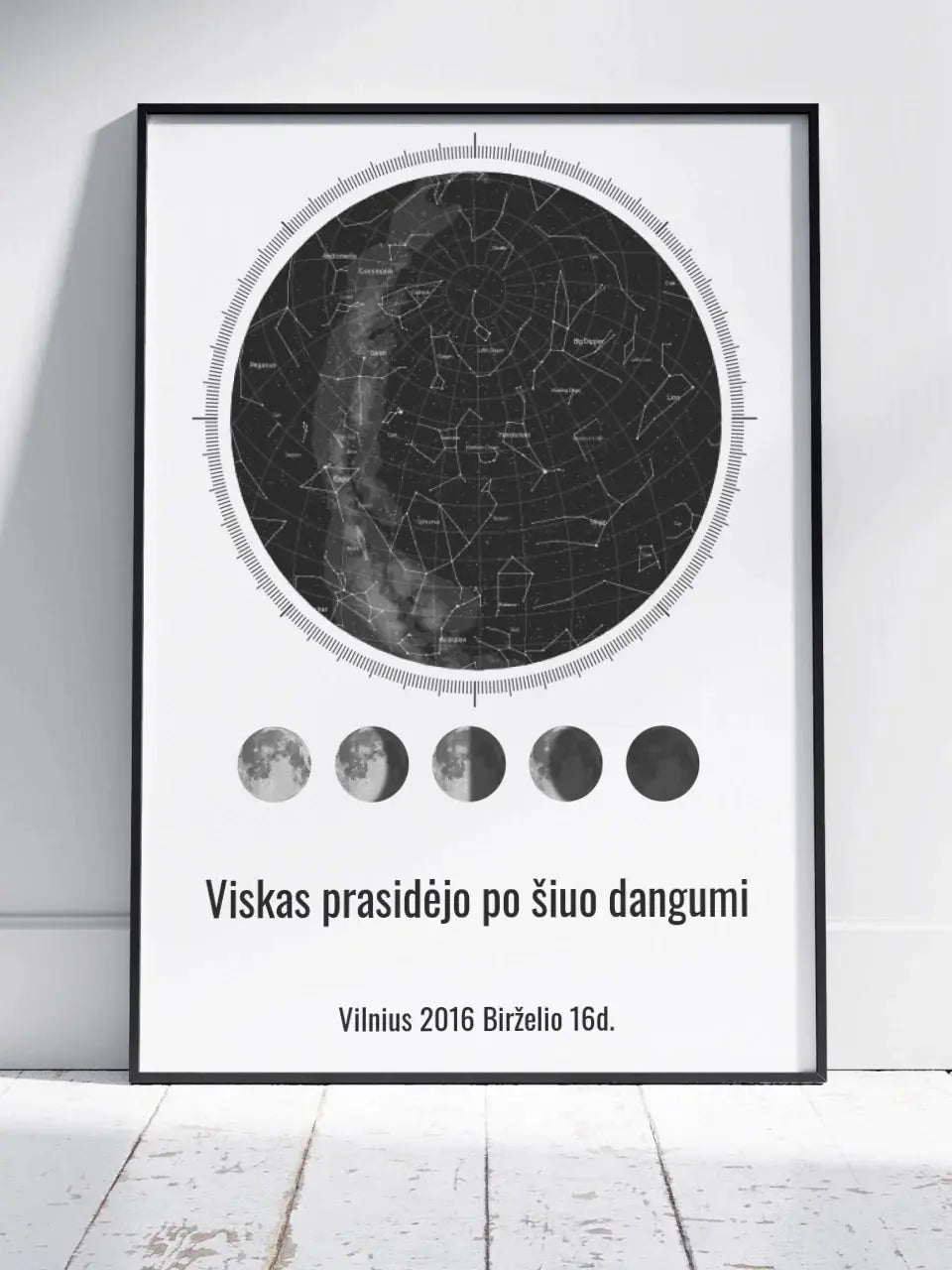 Personalizuotas žvaigždžių žemėlapis, plakatas su rėmeliu, su mėnulio fazėmis ir kompasu  Poster -  dovanokis.lt