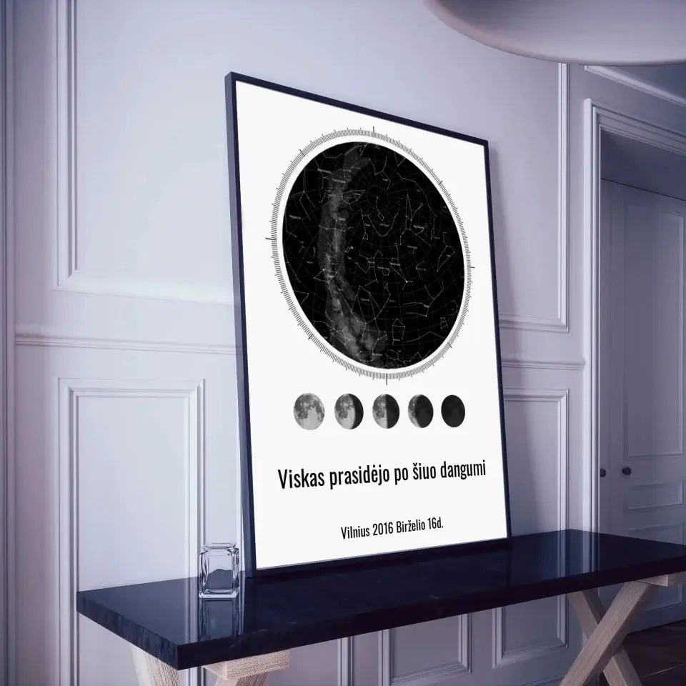 Personalizuotas žvaigždžių žemėlapis, plakatas su rėmeliu, su mėnulio fazėmis ir kompasu  Poster -  dovanokis.lt