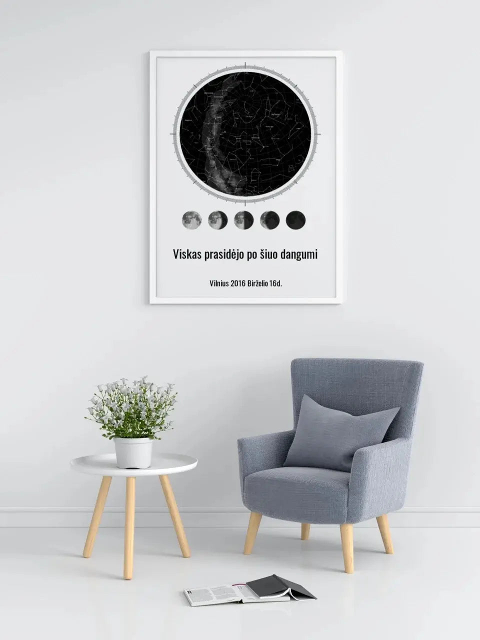 Personalizuotas žvaigždžių žemėlapis, plakatas su rėmeliu, su mėnulio fazėmis ir kompasu  Poster -  dovanokis.lt