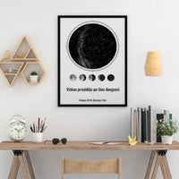Personalizuotas žvaigždžių žemėlapis, plakatas su rėmeliu, su mėnulio fazėmis ir kompasu  Poster -  dovanokis.lt