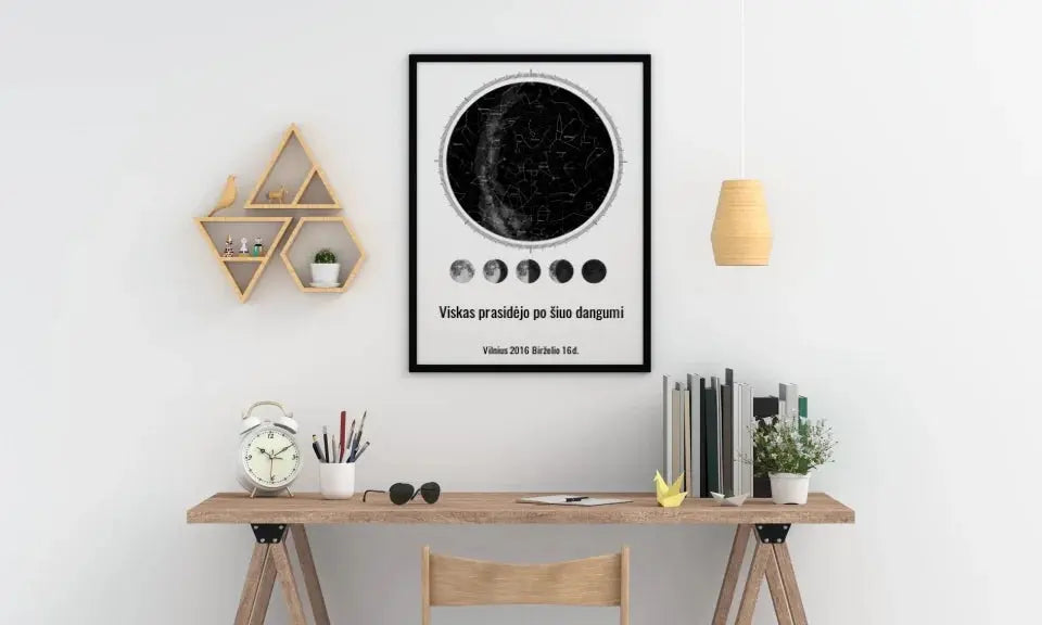 Personalizuotas žvaigždžių žemėlapis, plakatas su rėmeliu, su mėnulio fazėmis ir kompasu  Poster -  dovanokis.lt