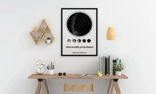 Personalizuotas žvaigždžių žemėlapis, plakatas su rėmeliu, su mėnulio fazėmis ir kompasu  Poster -  dovanokis.lt