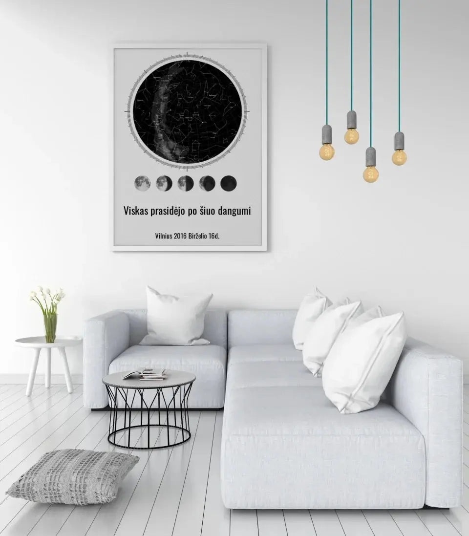 Personalizuotas žvaigždžių žemėlapis, plakatas su rėmeliu, su mėnulio fazėmis ir kompasu  Poster -  dovanokis.lt