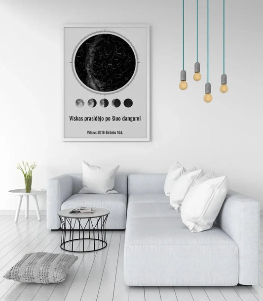 Personalizuotas žvaigždžių žemėlapis, plakatas su rėmeliu, su mėnulio fazėmis ir kompasu  Poster -  dovanokis.lt