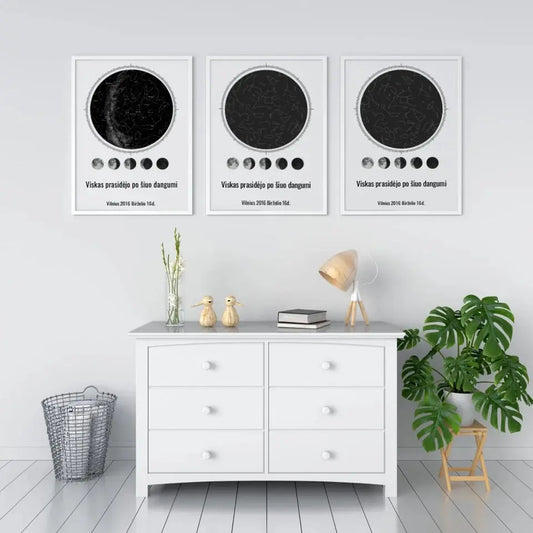 Personalizuotas žvaigždžių žemėlapis, plakatas su rėmeliu, su mėnulio fazėmis ir kompasu  Poster -  dovanokis.lt