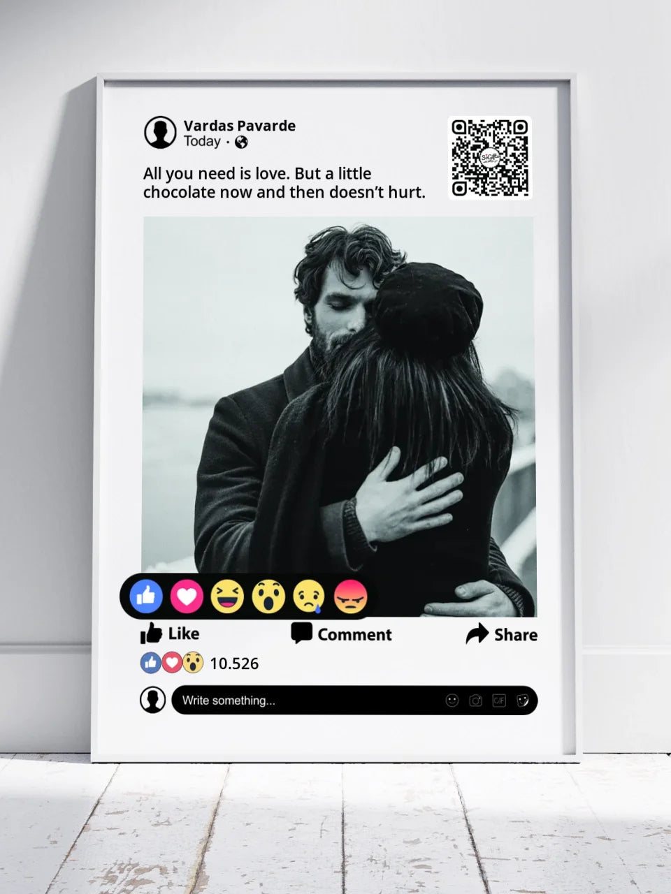 Personalizuotas "Facebook" dizaino įrėmintas plakatas su jūsų nuotrauka ir tekstu