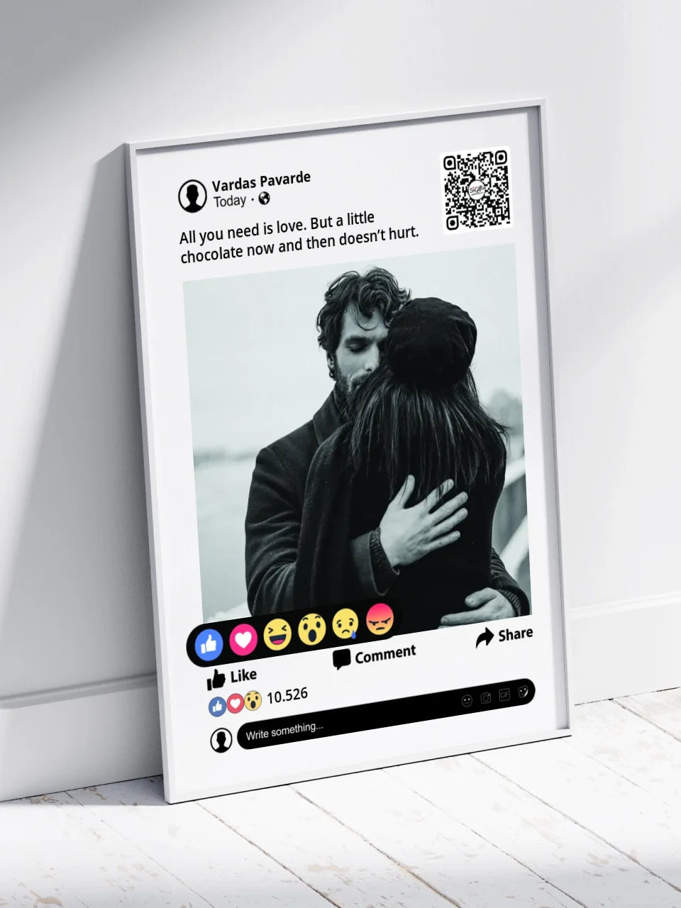 Personalizuotas "Facebook" dizaino įrėmintas plakatas su jūsų nuotrauka ir tekstu