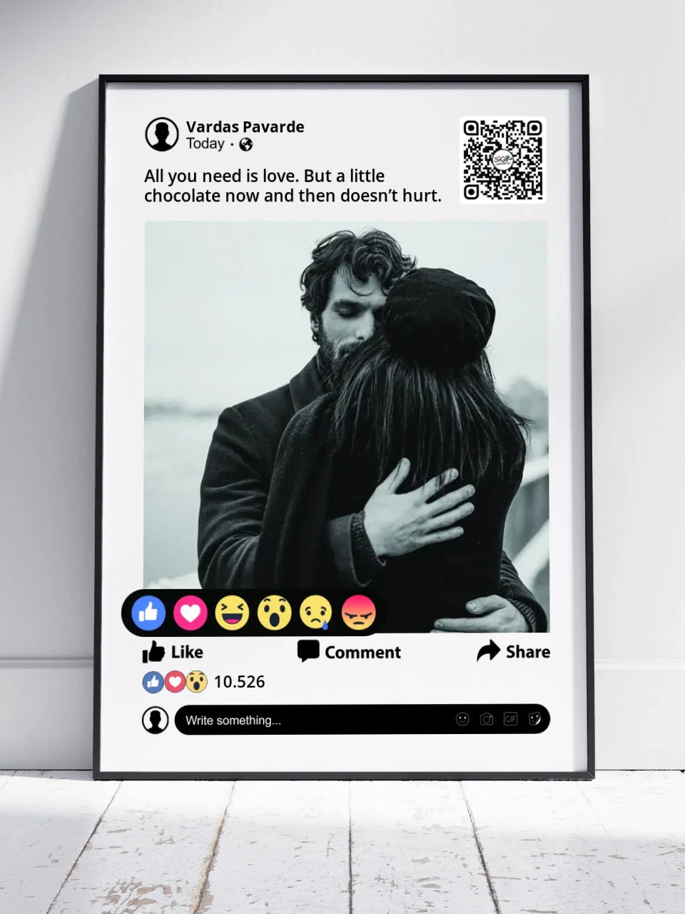 Personalizuotas "Facebook" dizaino įrėmintas plakatas su jūsų nuotrauka ir tekstu