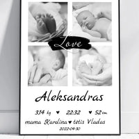 Personalizuota Vaiko Gimimo Metrikų Iliustracija su jūsų nuotraukomis, plakatas su rėmeliu  Poster -  dovanokis.lt