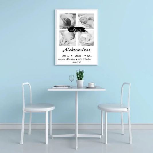 Personalizuota Vaiko Gimimo Metrikų Iliustracija su jūsų nuotraukomis, plakatas su rėmeliu  Poster -  dovanokis.lt