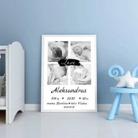 Personalizuota Vaiko Gimimo Metrikų Iliustracija su jūsų nuotraukomis, plakatas su rėmeliu  Poster -  dovanokis.lt