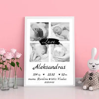 Personalizuota Vaiko Gimimo Metrikų Iliustracija su jūsų nuotraukomis, plakatas su rėmeliu  Poster -  dovanokis.lt