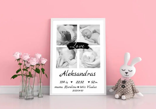 Personalizuota Vaiko Gimimo Metrikų Iliustracija su jūsų nuotraukomis, plakatas su rėmeliu  Poster -  dovanokis.lt