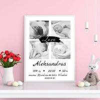 Personalizuota Vaiko Gimimo Metrikų Iliustracija su jūsų nuotraukomis, plakatas su rėmeliu  Poster -  dovanokis.lt
