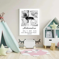 Personalizuota Vaiko Gimimo Metrikų Iliustracija su jūsų nuotraukomis, plakatas su rėmeliu  Poster -  dovanokis.lt