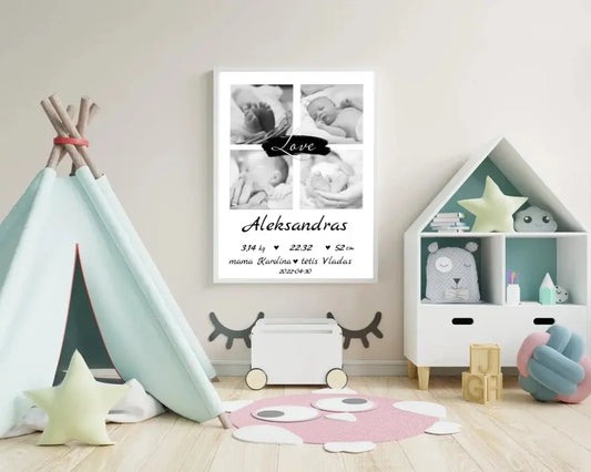 Personalizuota Vaiko Gimimo Metrikų Iliustracija su jūsų nuotraukomis, plakatas su rėmeliu  Poster -  dovanokis.lt