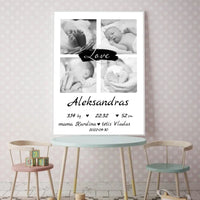 Personalizuota Vaiko Gimimo Metrikų Iliustracija su jūsų nuotraukomis, plakatas su rėmeliu  Poster -  dovanokis.lt