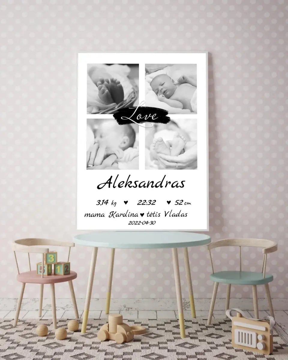 Personalizuota Vaiko Gimimo Metrikų Iliustracija su jūsų nuotraukomis, plakatas su rėmeliu  Poster -  dovanokis.lt
