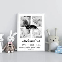 Personalizuota Vaiko Gimimo Metrikų Iliustracija su jūsų nuotraukomis, plakatas su rėmeliu  Poster -  dovanokis.lt