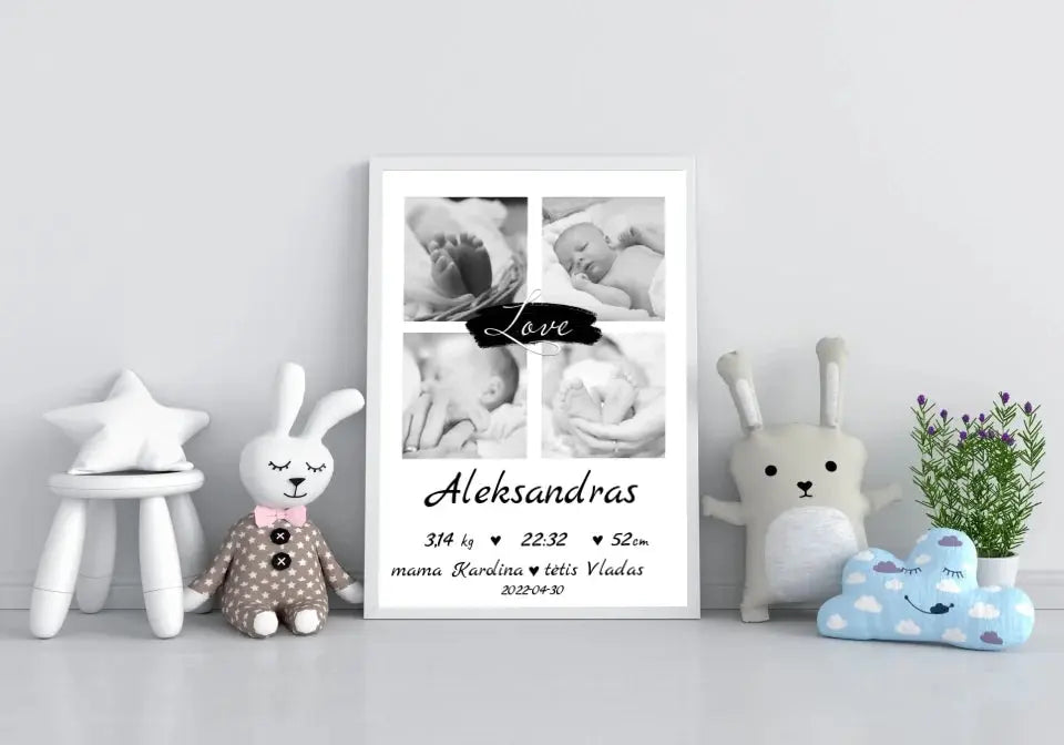 Personalizuota Vaiko Gimimo Metrikų Iliustracija su jūsų nuotraukomis, plakatas su rėmeliu  Poster -  dovanokis.lt