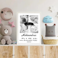Personalizuota Vaiko Gimimo Metrikų Iliustracija su jūsų nuotraukomis, plakatas su rėmeliu  Poster -  dovanokis.lt