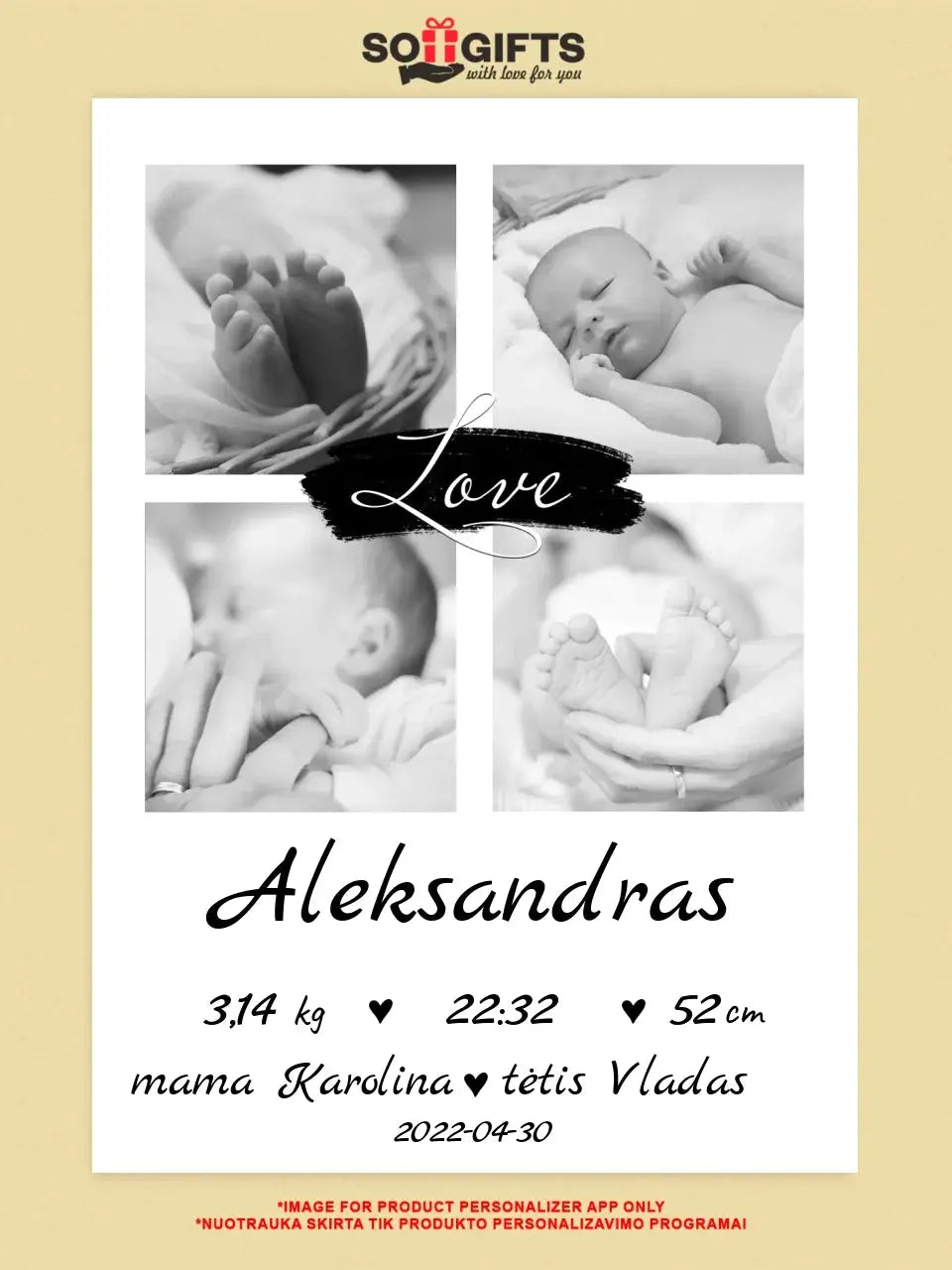 Personalizuota Vaiko Gimimo Metrikų Iliustracija su jūsų nuotraukomis, plakatas su rėmeliu  Poster -  dovanokis.lt