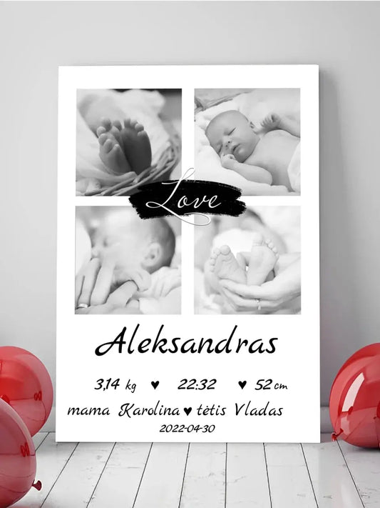 Personalizuota Vaiko Gimimo Metrikų Iliustracija ant drobės su jūsų nuotraukomis  Drobe -  dovanokis.lt