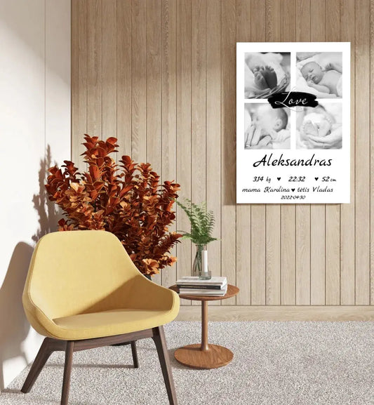 Personalizuota Vaiko Gimimo Metrikų Iliustracija ant drobės su jūsų nuotraukomis  Drobe -  dovanokis.lt
