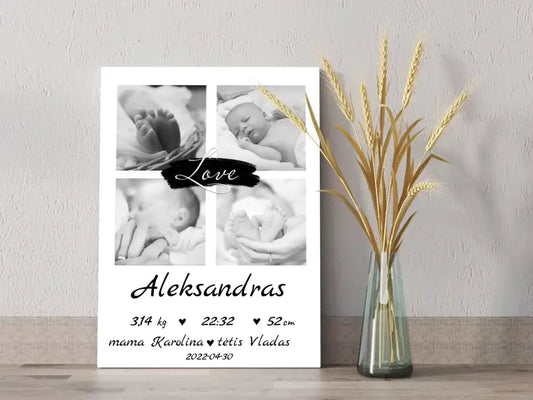 Personalizuota Vaiko Gimimo Metrikų Iliustracija ant drobės su jūsų nuotraukomis  Drobe -  dovanokis.lt