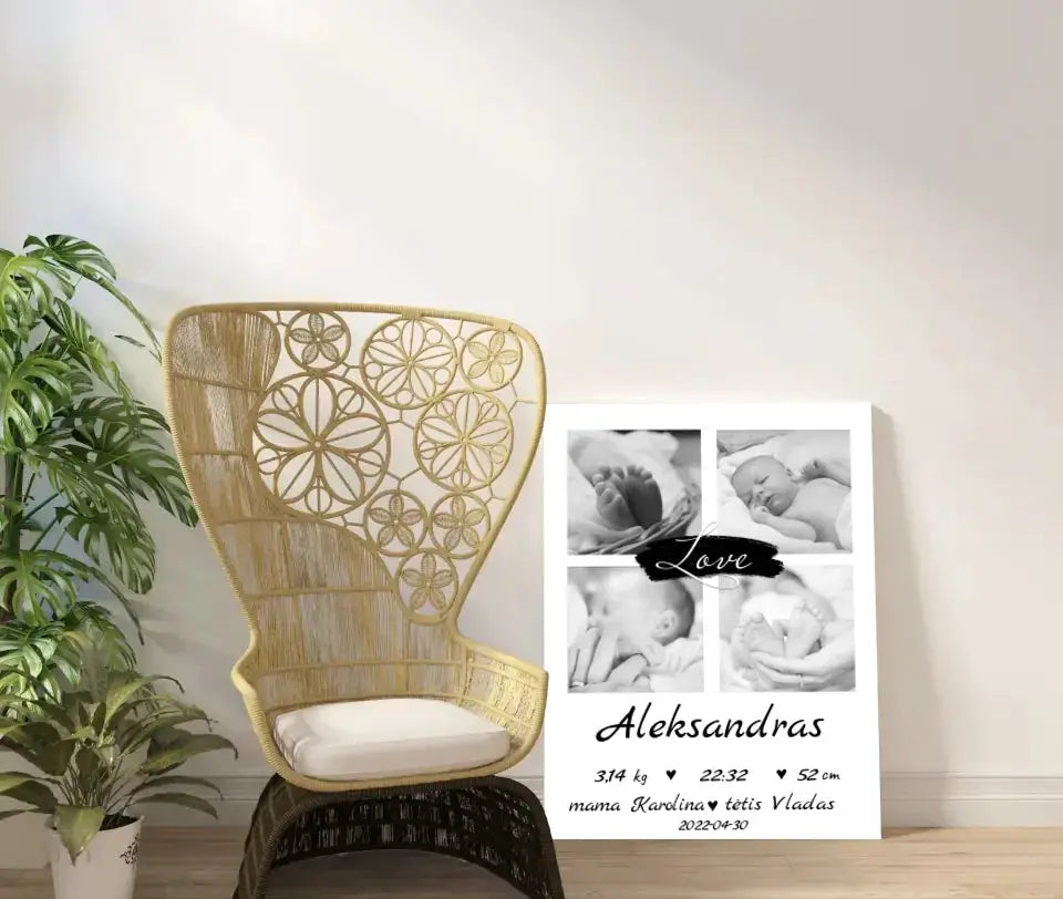 Personalizuota Vaiko Gimimo Metrikų Iliustracija ant drobės su jūsų nuotraukomis  Drobe -  dovanokis.lt