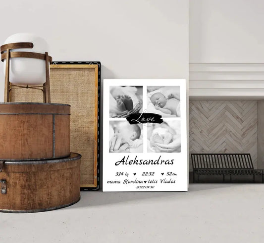 Personalizuota Vaiko Gimimo Metrikų Iliustracija ant drobės su jūsų nuotraukomis  Drobe -  dovanokis.lt