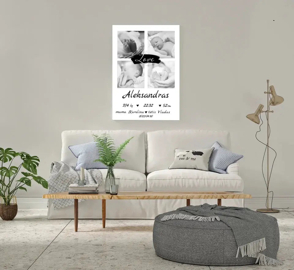 Personalizuota Vaiko Gimimo Metrikų Iliustracija ant drobės su jūsų nuotraukomis  Drobe -  dovanokis.lt