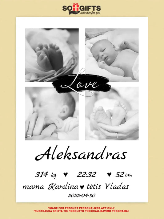 Personalizuota Vaiko Gimimo Metrikų Iliustracija ant drobės su jūsų nuotraukomis  Drobe -  dovanokis.lt