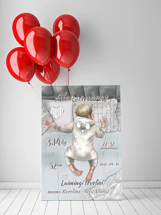 Personalizuota Vaiko Gimimo Metrikų Iliustracija ant drobės, Mergaitės ir Berniuko gimimo metrika  Drobe -  dovanokis.lt