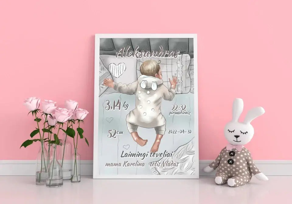 Personalizuota Vaiko Gimimo Metrikų Iliustracija, Mergaitės ir Berniuko gimimo metrika, plakatas su rėmeliu  Poster -  dovanokis.lt