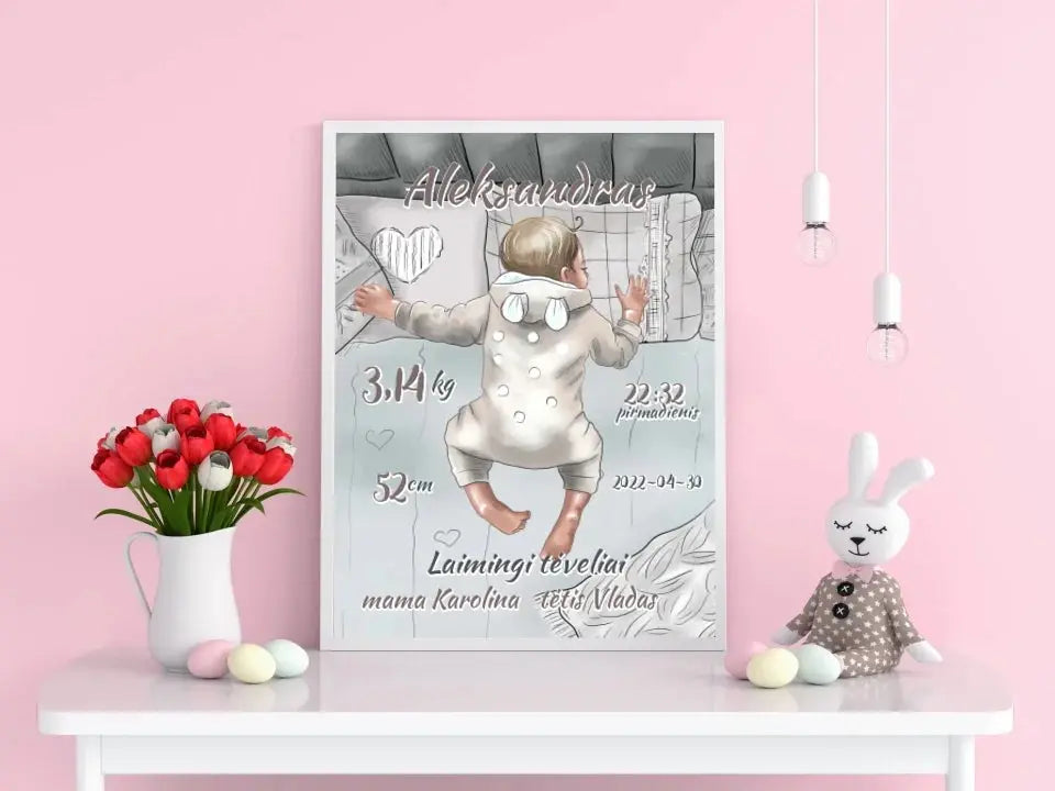 Personalizuota Vaiko Gimimo Metrikų Iliustracija, Mergaitės ir Berniuko gimimo metrika, plakatas su rėmeliu  Poster -  dovanokis.lt