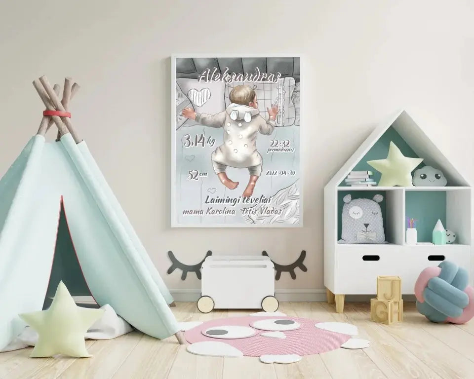 Personalizuota Vaiko Gimimo Metrikų Iliustracija, Mergaitės ir Berniuko gimimo metrika, plakatas su rėmeliu  Poster -  dovanokis.lt