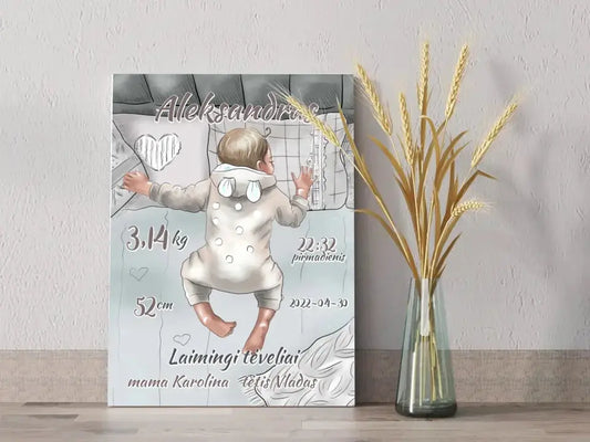 Personalizuota Vaiko Gimimo Metrikų Iliustracija ant drobės, Mergaitės ir Berniuko gimimo metrika  Drobe -  dovanokis.lt