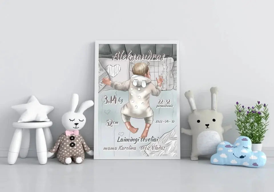 Personalizuota Vaiko Gimimo Metrikų Iliustracija, Mergaitės ir Berniuko gimimo metrika, plakatas su rėmeliu  Poster -  dovanokis.lt