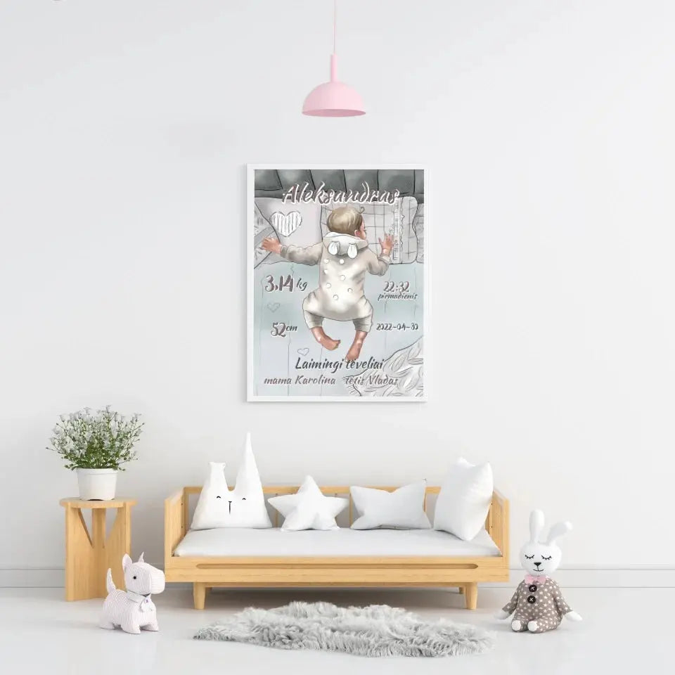 Personalizuota Vaiko Gimimo Metrikų Iliustracija, Mergaitės ir Berniuko gimimo metrika, plakatas su rėmeliu  Poster -  dovanokis.lt